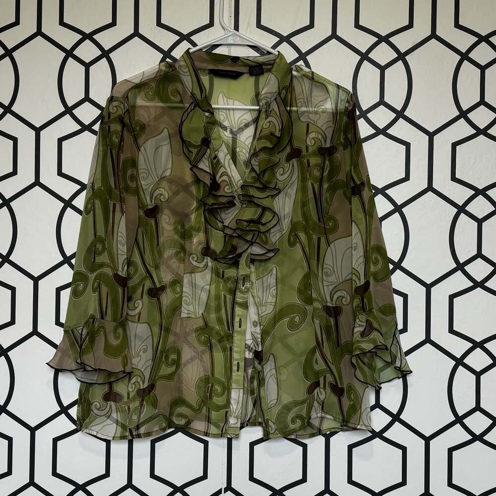 Investments Women's Green Abstract Print Ruffle Front Blouse Size L
